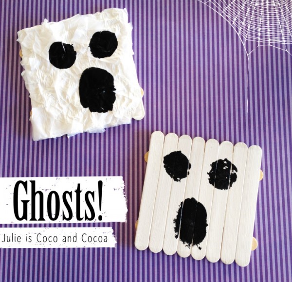 We made two variations of these friendly ghosts. First a simple popsicle stick ghost. And the second started the same as the first with the addition of a bunch of tissue paper squares glued on the top.