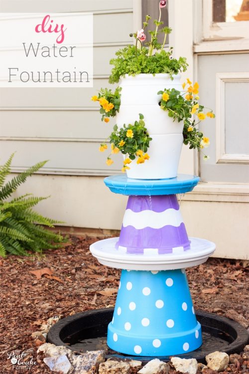 The Real Thing With The Coake Family Colorful and Whimsical DIY Water-Fountain Adding a water feature to your yard adds a pretty water sound and with this one pretty colors